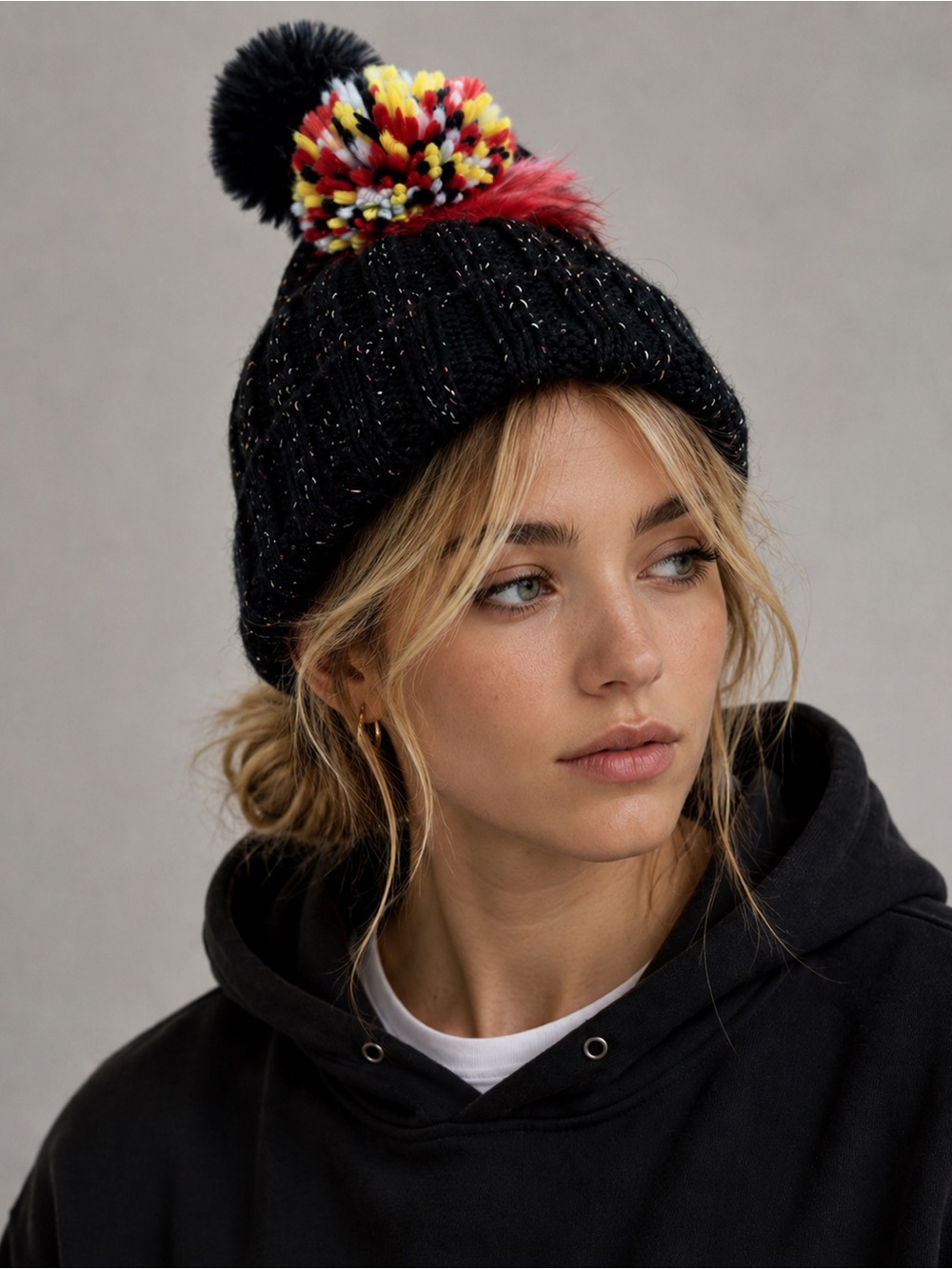 NWT Nordstrom BP Black Cable Knit Beanie with Interchangeable Colorful Pom-Pom